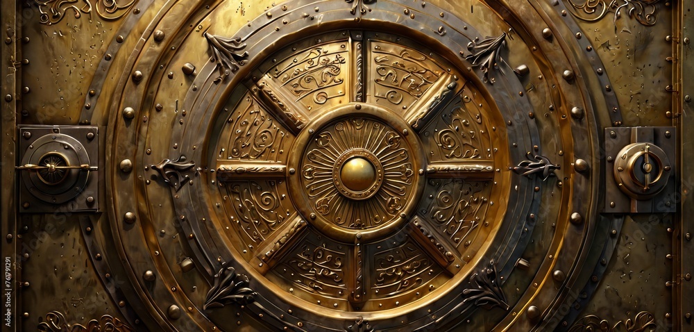 The close-up of a bronze vault door features elaborate engravings, symbolizing the intersection of art and security. It stands as a guardian to untold riches.