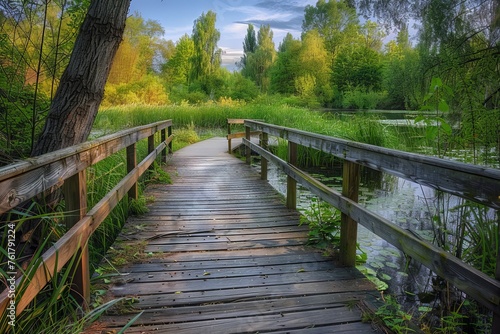 Wooden Trail near Lake  Wood River Path Landscape  Old Water Bridge  Pond Touristic Wooden Pathway