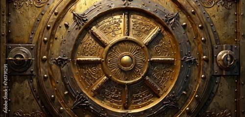 The close-up of a bronze vault door features elaborate engravings, symbolizing the intersection of art and security. It stands as a guardian to untold riches.