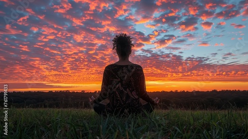 Woman Watching Sunset in Field