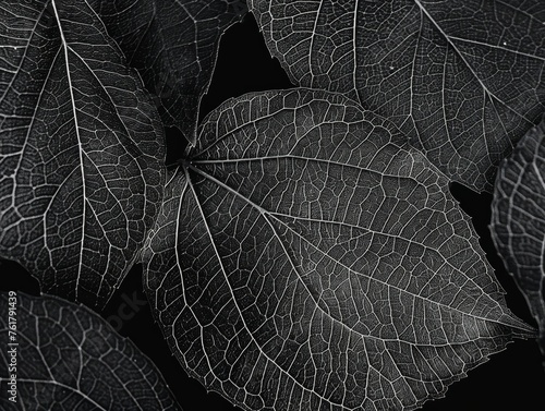 Black and white leaf texture background with intricate veins for design or pattern, closeup view Generative AI