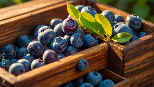 ripe blueberries in a wooden box in nature summer