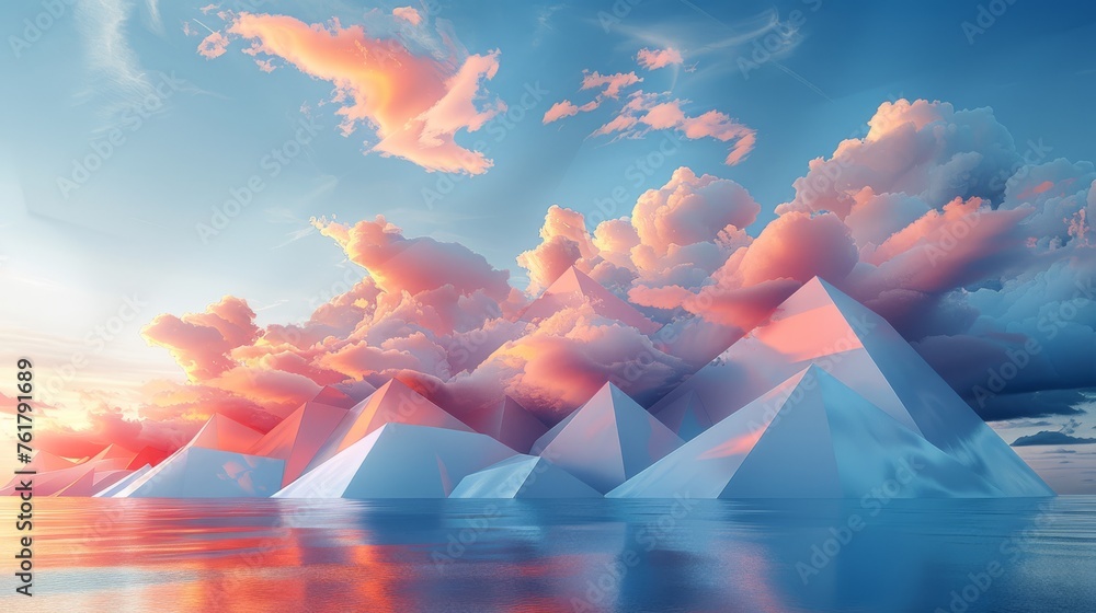  a group of icebergs floating on top of a body of water under a blue sky filled with clouds.