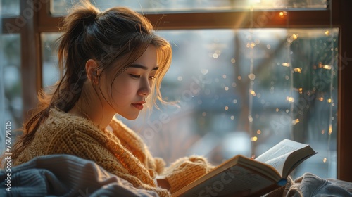 Woman Reading Book on Couch