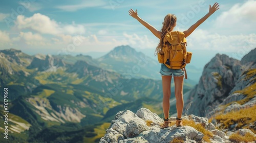 Woman Standing on Top of Mountain With Outstretched Arms
