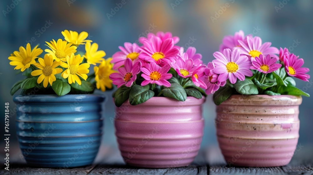 Three Pots With Flowers on Table Three Pots With Flowers on Table