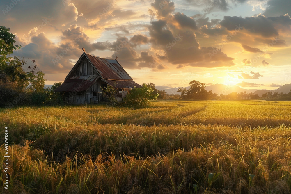 Paddy field with abandoned house during sunset