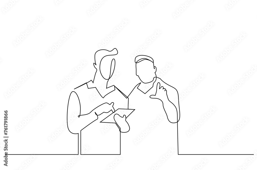 two male employees showing tablet plan program pointing pointing talking one line art design vector