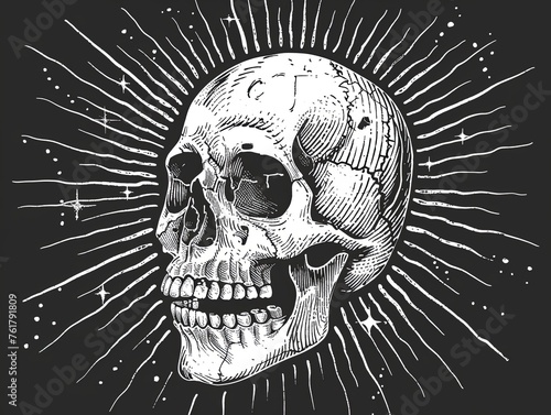 A skull is drawn in black and white coloring. Imitation sketch print. Illustration for cover, card, postcard, interior design, banner, poster, brochure or presentation. © Login