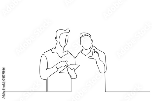 two male employees showing tablet plan program pointing pointing talking one line art design vector