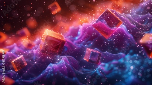  a computer generated image of cubes floating in the air in front of a background of blue, purple, and orange.