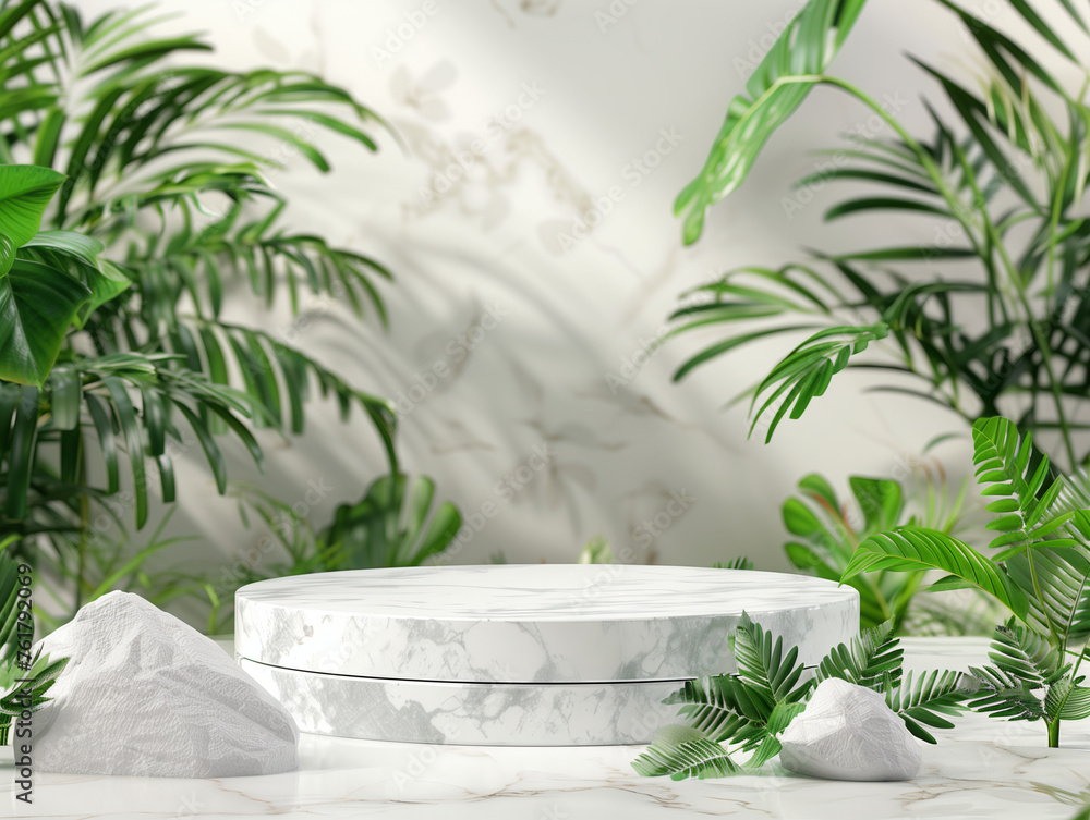 Podium background 3D white marble stand display platform mockup. Stone podium scene summer background 3D render product stage presentation green pedestal plant rock leaf art abstract. Podium background 3D white marble stand display platform mockup. Stone podium scene summer background 3D render product stage presentation green pedestal plant rock leaf art abstract.