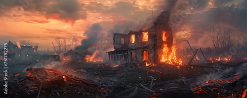 The burning remains of a house. photo