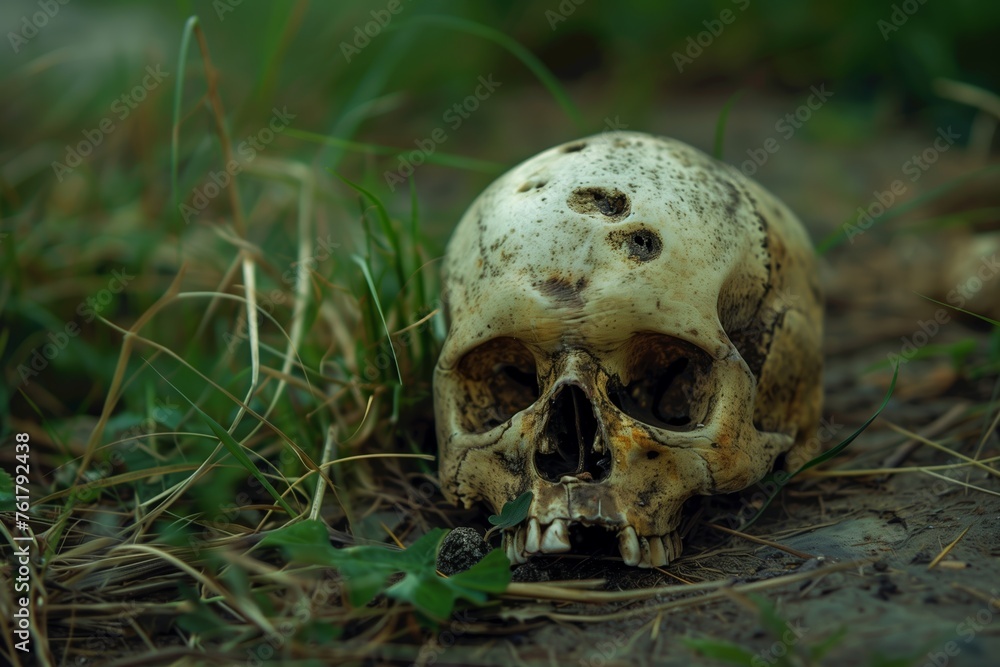 old skull found in the grass with damage to the cranium old skull found in the grass with damage to the cranium