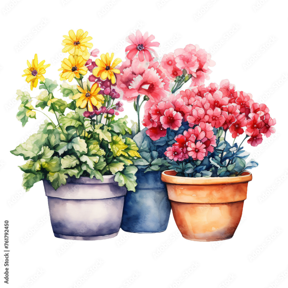 A vibrant watercolor painting of flowers in pots