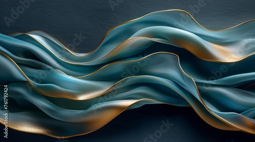  a painting of blue and gold waves on a dark blue background with a gold stripe on the bottom of the wave.