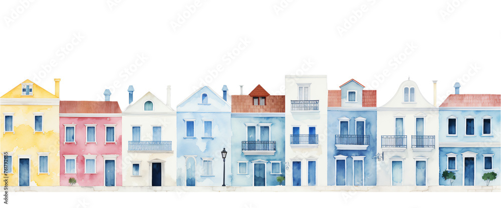 A watercolor painting of colorful, pastel townhouses lined up along a street