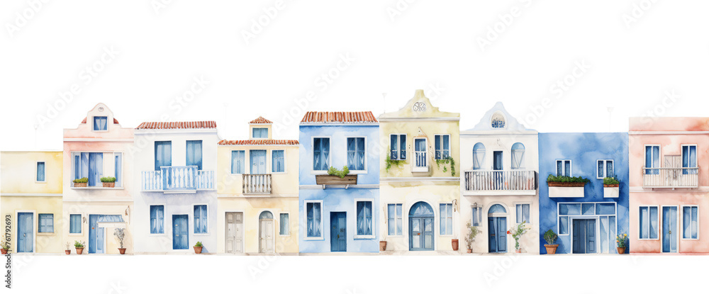 A watercolor painting showcasing a row of colorful, picturesque houses