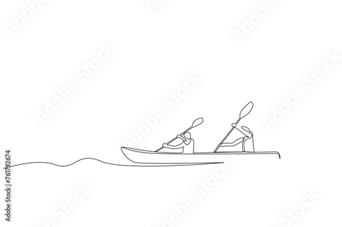 kayak canoe boat people sport together activity outdoor one line art design vector