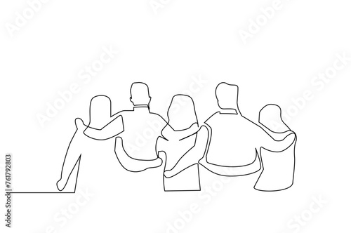 people friends together hug rejoice back rear behind view one line art design vector