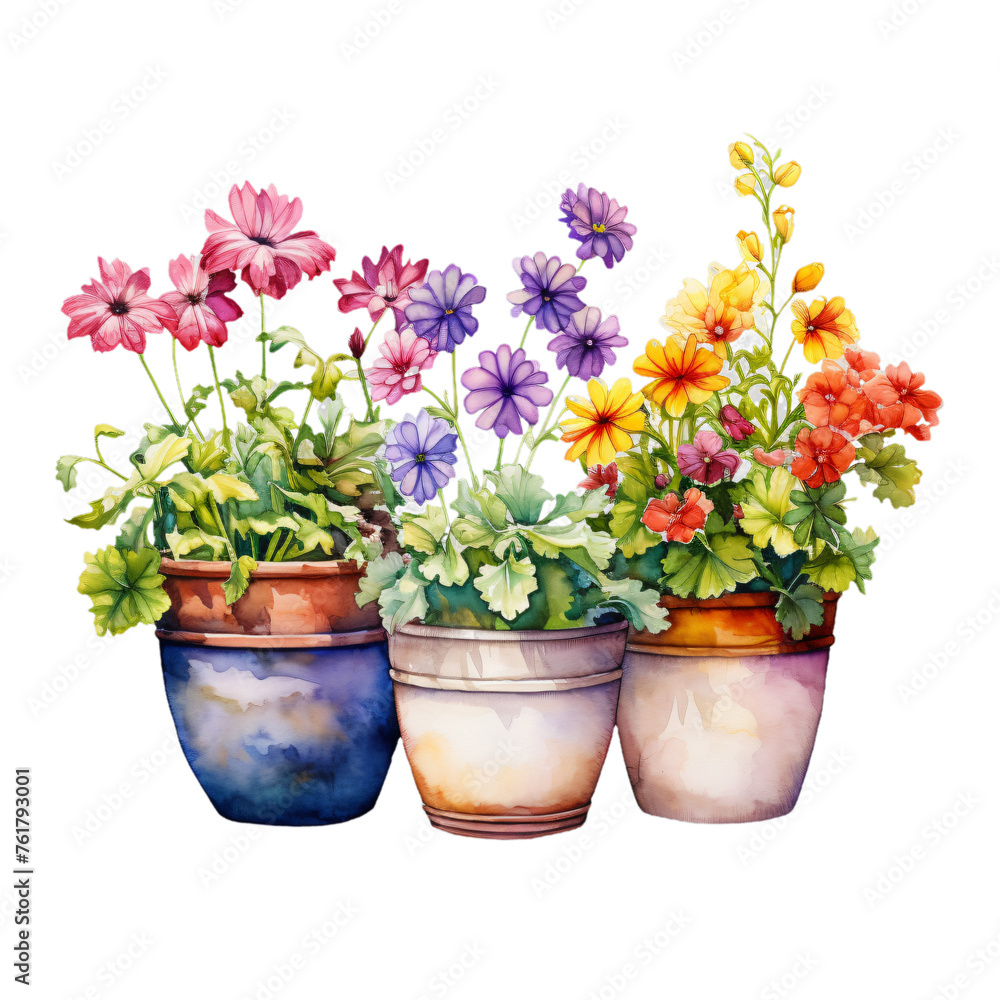 Artistic representation of spring blossoms in painted pots, ideal for decor