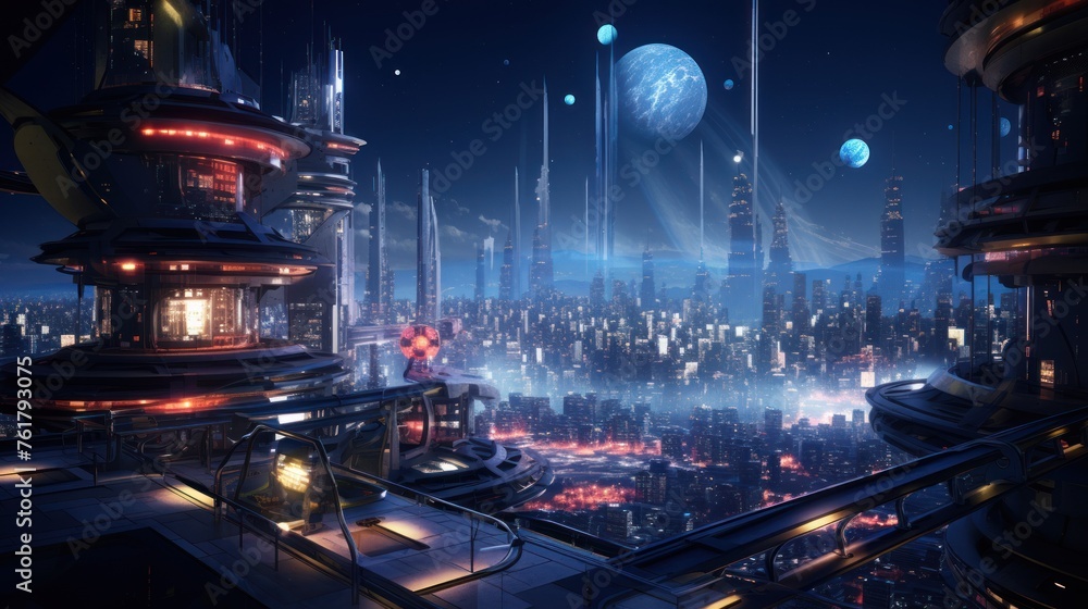 A breathtaking digital illustration of a sci-fi cityscape with tall skyscrapers and neon lights piercing the night sky in which several satellites float.