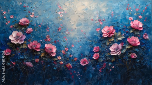  a painting of pink and blue flowers on a blue, blue, and white background with a white circle in the middle of the painting. © Shanti