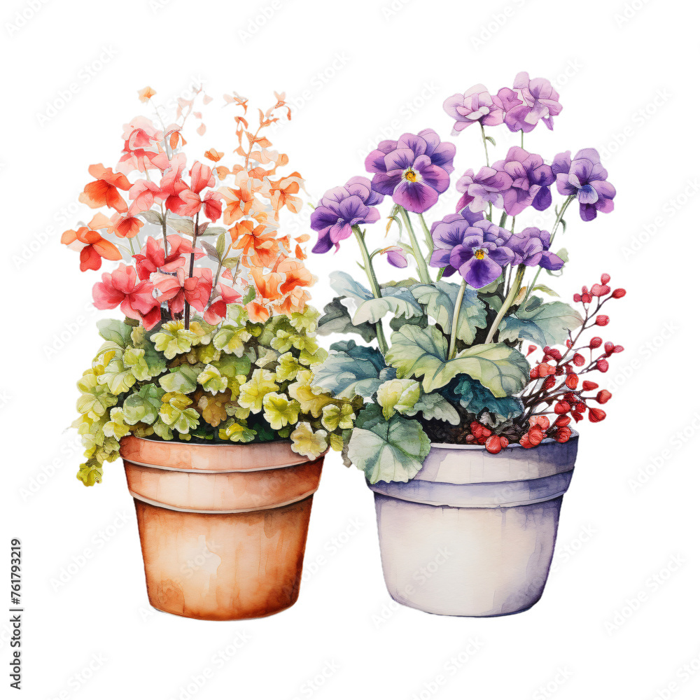 Detailed watercolor of potted garden flowers