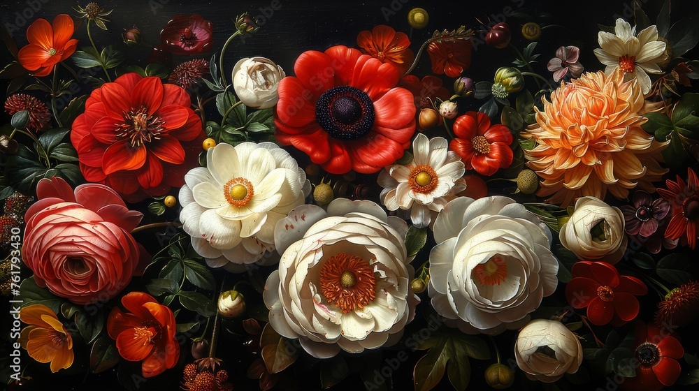  a close up of a bunch of flowers with red, white, and orange flowers in the middle of the picture.