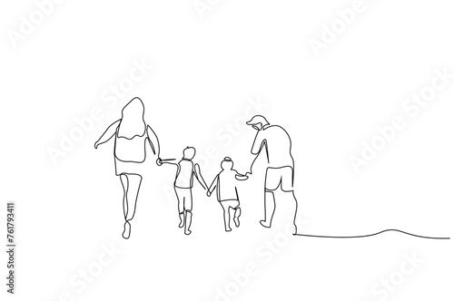 family parent children together joy outside holiday run happiness one line art design vector