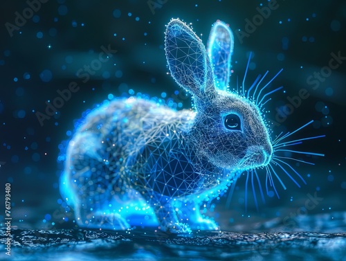 Close-up of a rabbit's muzzle in a grid style. Polygonal computerized image of a hare. Facial recognition grid on a live object. Cute pet glows in the dark. Illustration for cover, card, brochure, etc © Login