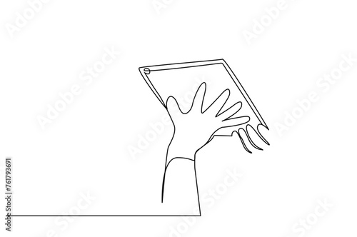 human working person arm hold tablet technology object one line art design vector