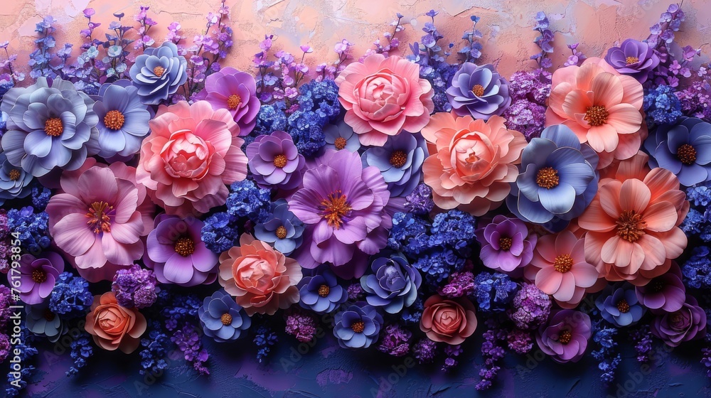  a painting of purple and pink flowers on a pink and purple wall with blue and pink flowers on the side of the wall.