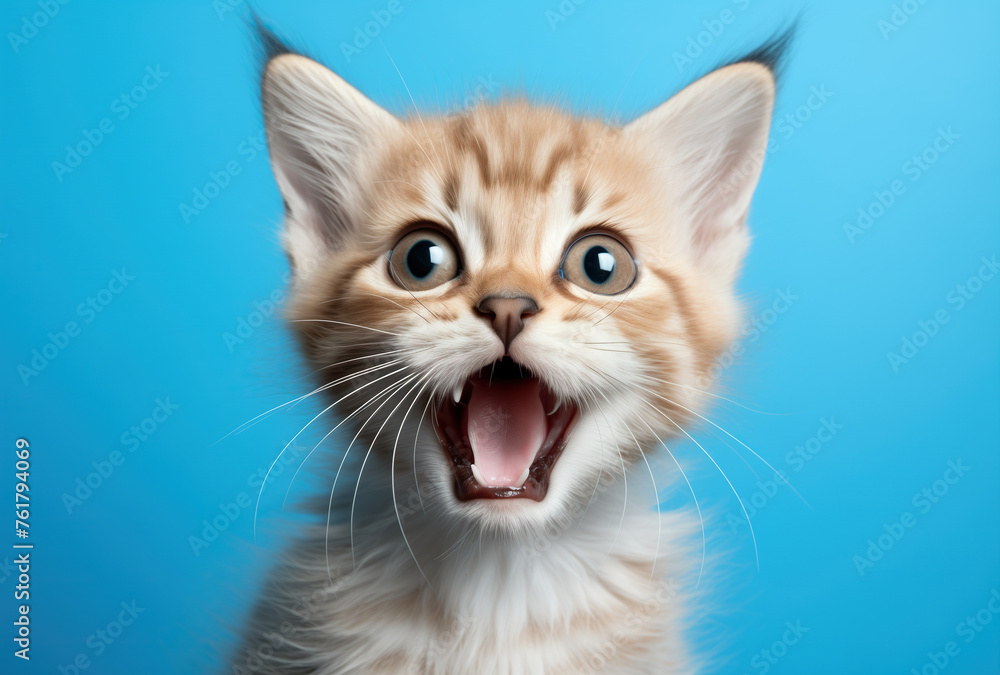 A cute surprised red and white kitten on a blue background