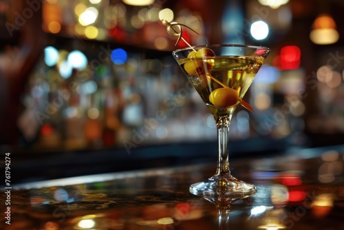 Fine Martini Cocktail with Olive Decoration on the Counter Bar in the Nightclub. Perfect Copy Space for Text