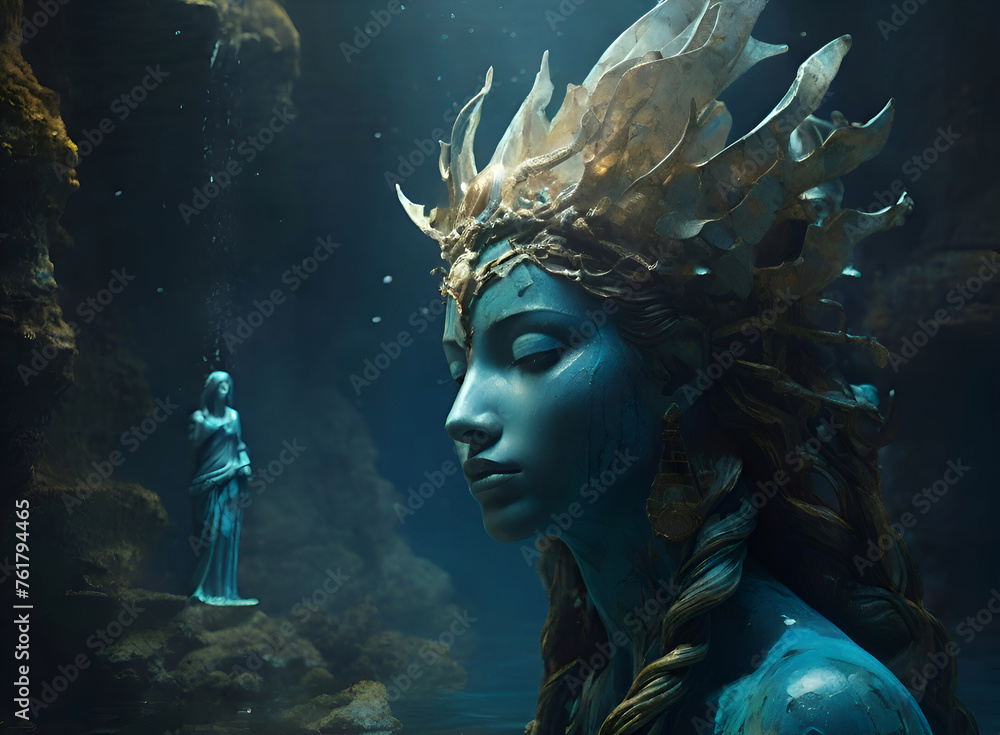 lost world Atlantida, piece of Atlatnic temple underwater with female sculpture. Ai generated - obrazy, fototapety, plakaty 