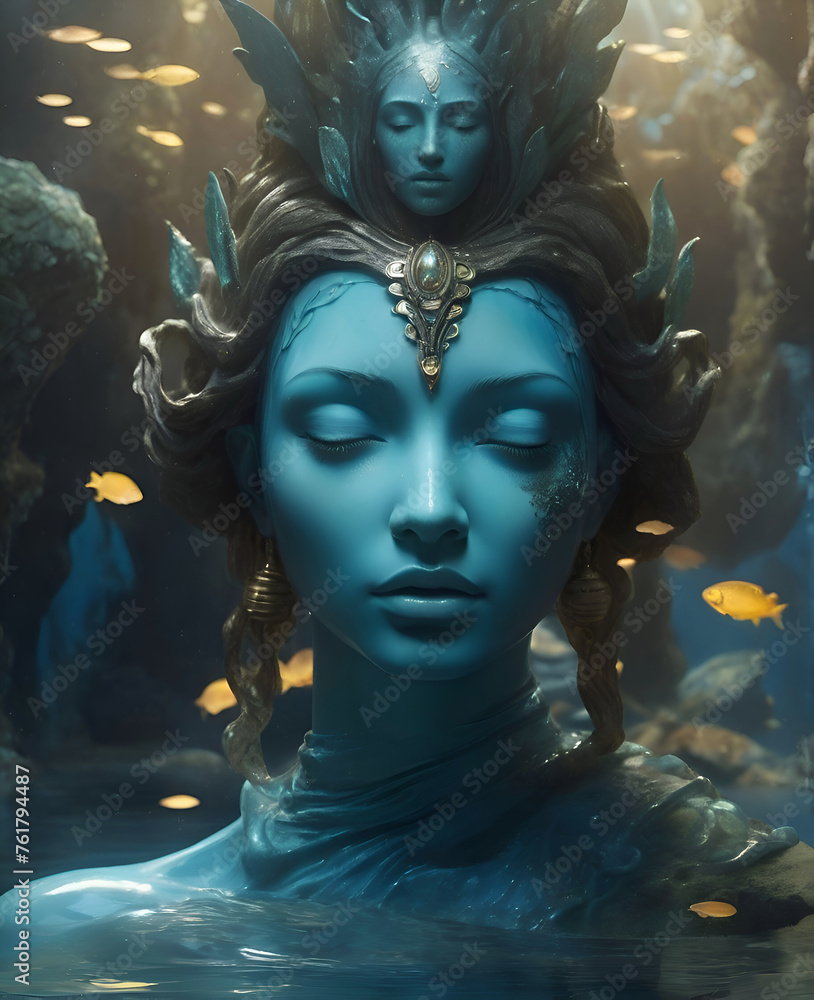 lost world Atlantida underwater, fine art portrait of  Atlantic female sculpture. digital art work. Ai generated