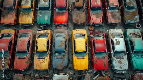 A bird's-eye view of abandoned multicolored old cars © Александр Лобач