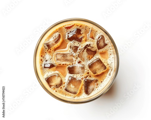 Glass of Delicious Iced Coffee Shake with Whipped Cream and Milk. Topview Isolated on White Background