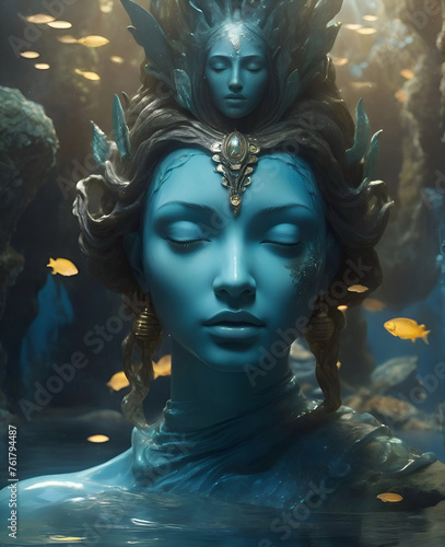 lost world Atlantida underwater, fine art portrait of Atlantic female sculpture. digital art work. Ai generated