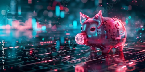 Techno currency investment and bitcoin trading, with an electronic piggy bank next to cryptocurrency on a digital background