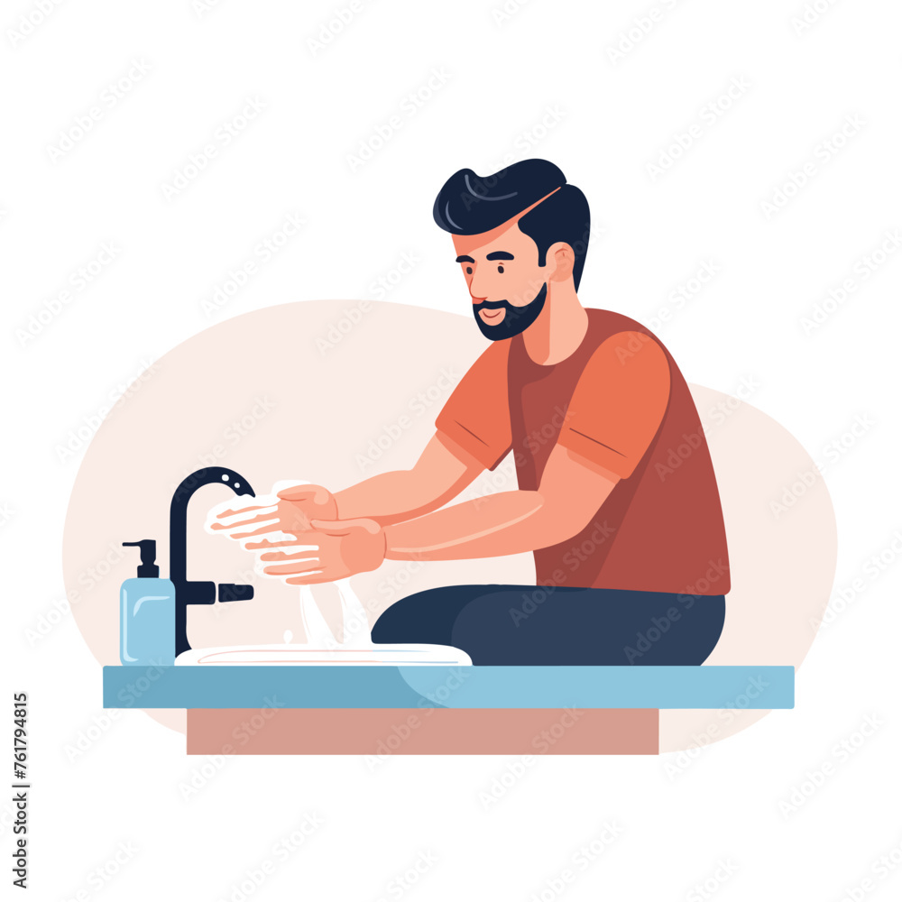 Flat illustration of a man washing hands. Covid-19