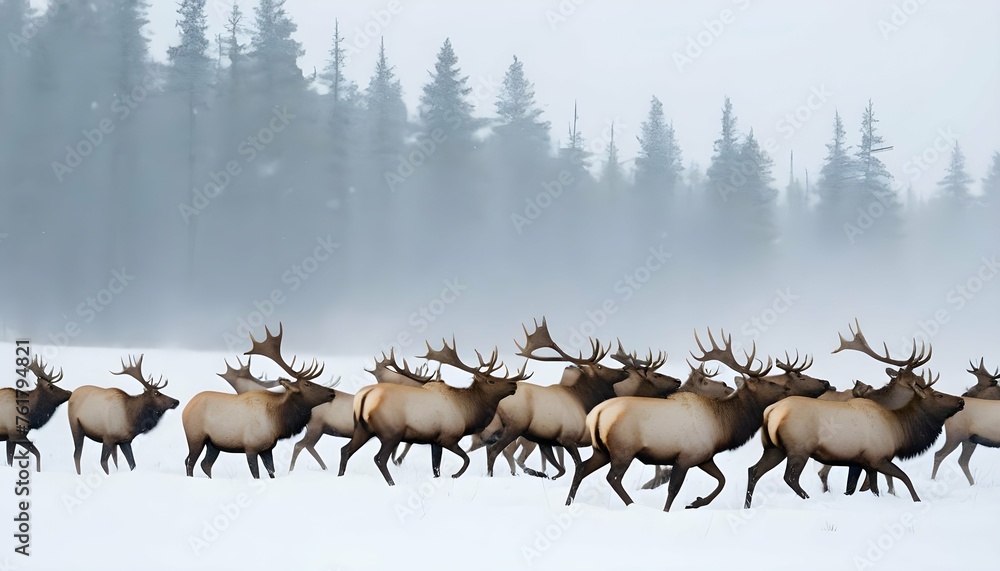 A Herd Of Elk Crossing A Snowy Landscape Their Br - obrazy, fototapety, plakaty 