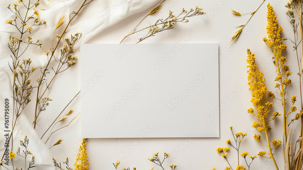 Solidago (Goldenrod) flowers and empty paper sheet on white cloth and table, beautiful vintage card, top view, space for text, flat lay. 