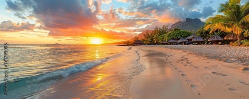 Tourism background with Fantastic Sunrise Beach in Mauritius. Dream Honeymoon Destination. © Coosh448