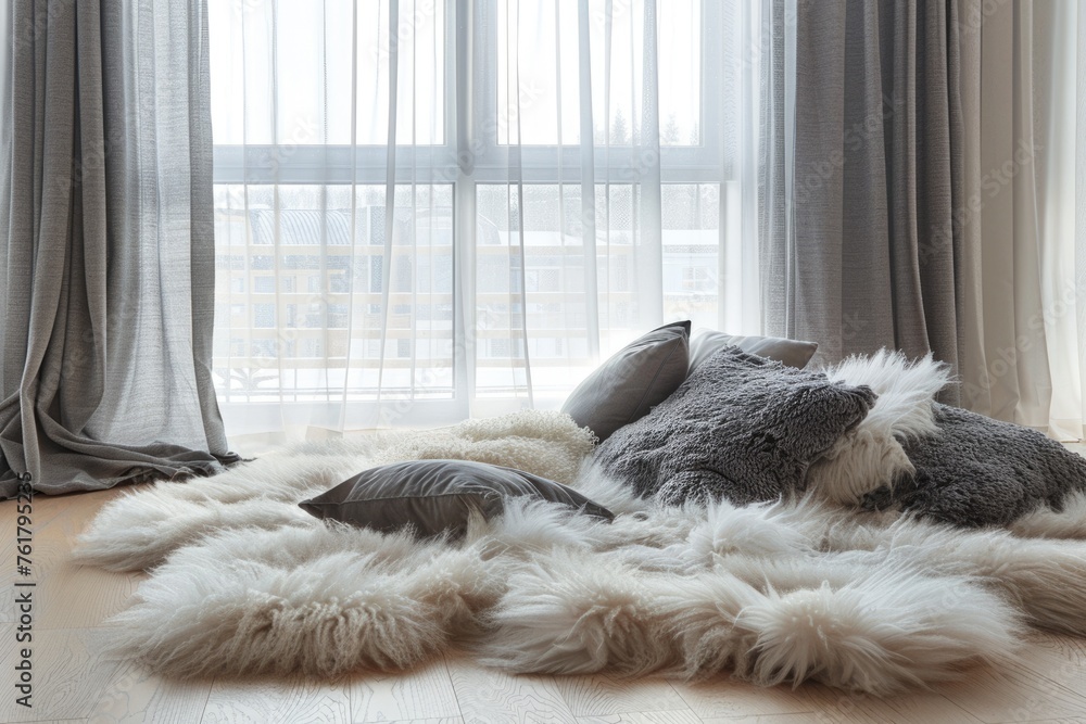 Cosy Apartment Arrangement with Beautiful Furry Rug and Soft Pillows Near Window for Ultimate Comfort and Calm