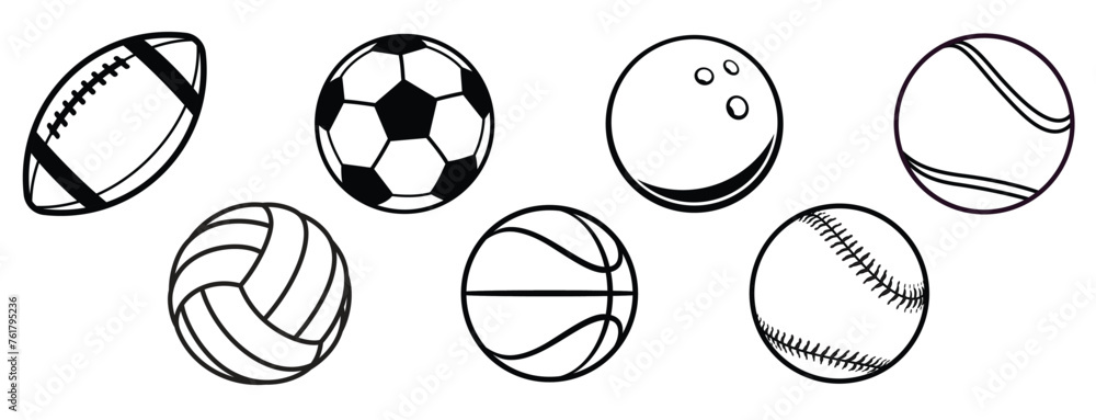 various black white american sports balls set - obrazy, fototapety, plakaty 