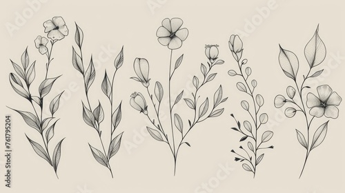 Handdrawn Logo Elements: Unique Hand-Drawn Business Labels with Fashionable Brush Drawings of Floral Decorations