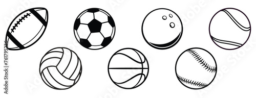 various black white american sports balls set