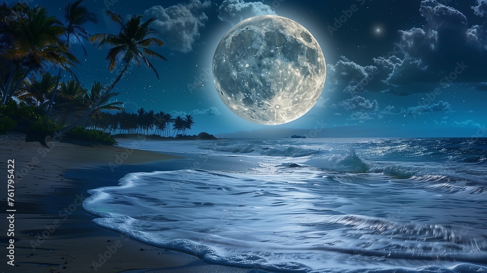 Luminous Full Moon Over a Tranquil Tropical Beach: The Moon's Radiance Casting a Silver Glow on the and Palm Trees Whispering in a Sense of Peace and Wonder.
